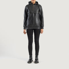 Ribet Black Leather Hooded Pullover Jacket
