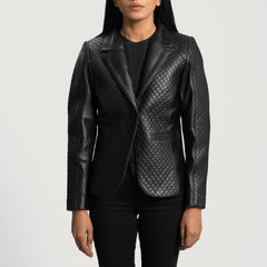 Ridum Black Leather Quilted Blazer Jacket