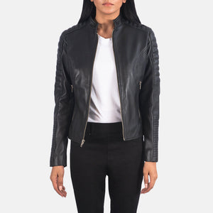 Tiris Black Leather Quilted Biker Jacket