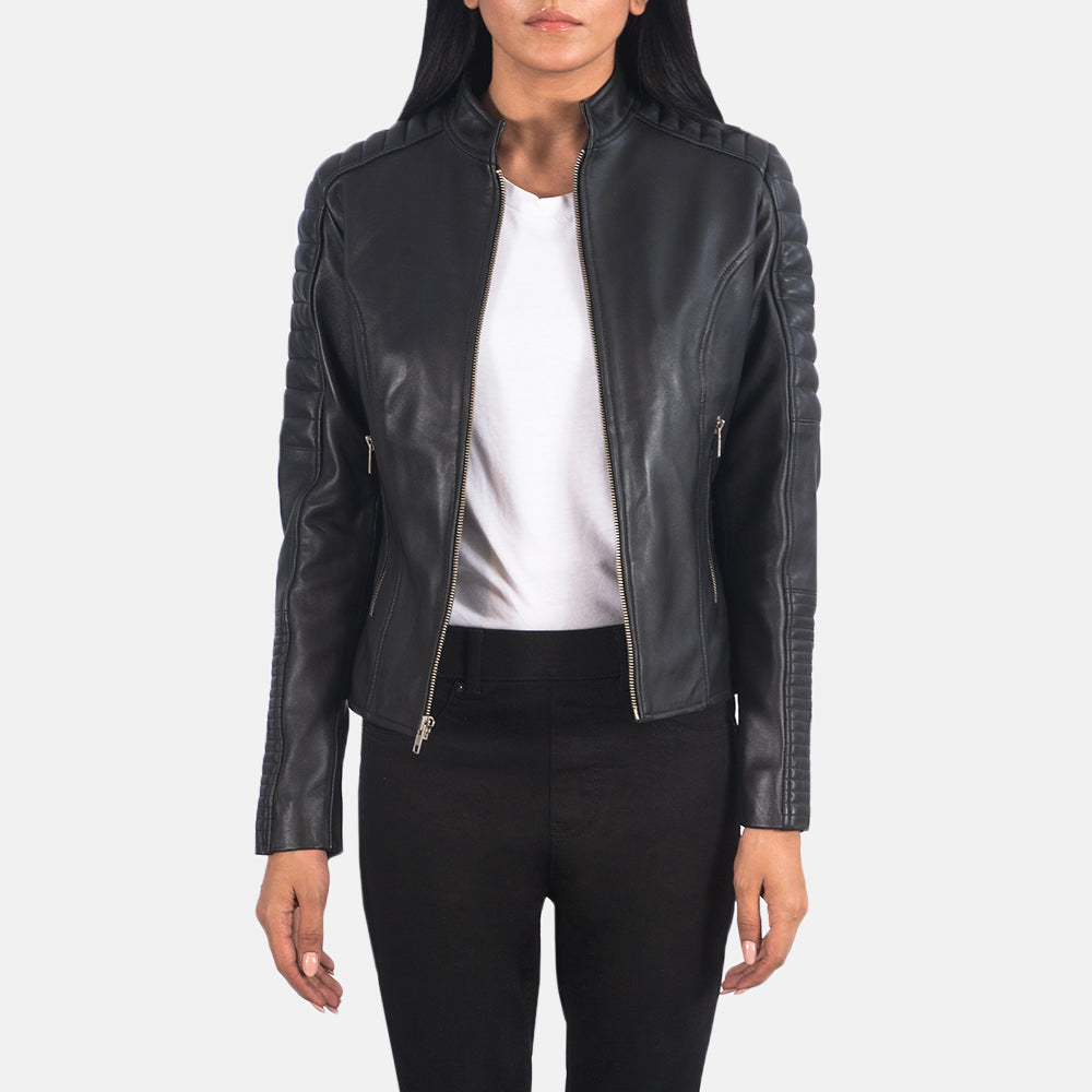 Tiris Black Leather Quilted Biker Jacket
