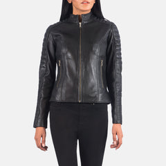 Tiris Black Leather Quilted Biker Jacket
