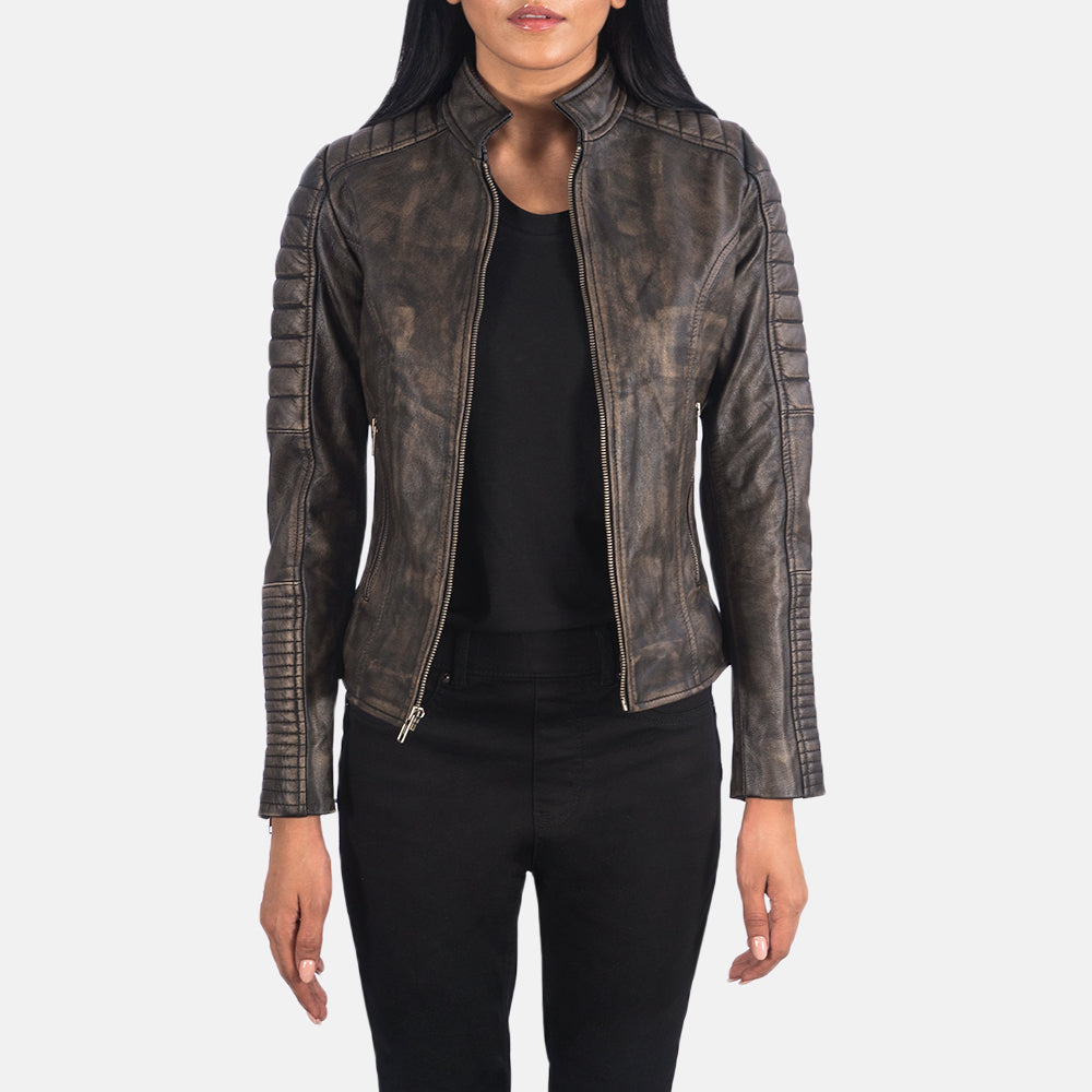 Tiris Brown Leather Quilted Biker Jacket