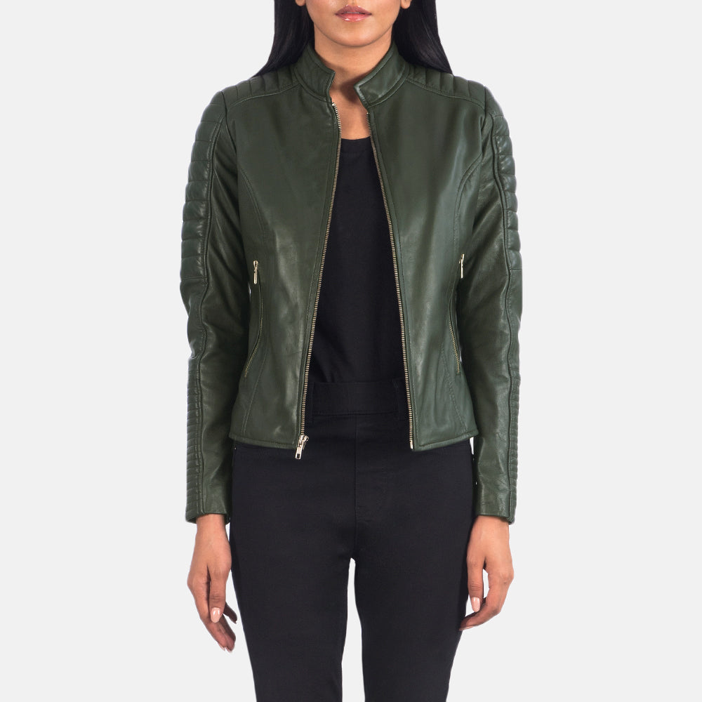 Tiris Green Leather Quilted Biker Jacket