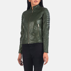 Tiris Green Leather Quilted Biker Jacket
