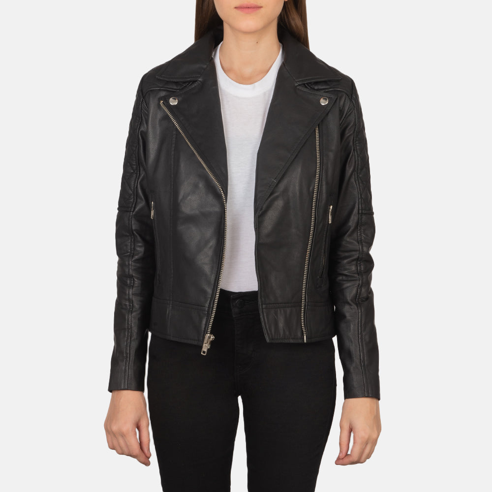 Wysor Black Leather Quilted Biker Jacket