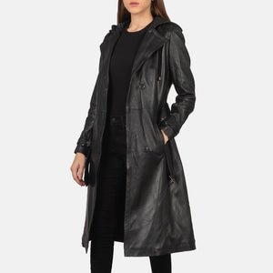 Mapis Black Leather Hooded Coat Jacket