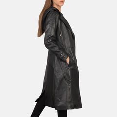 Mapis Black Leather Hooded Coat Jacket
