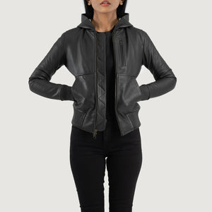 Wybion Black Leather Hooded Bomber Jacket