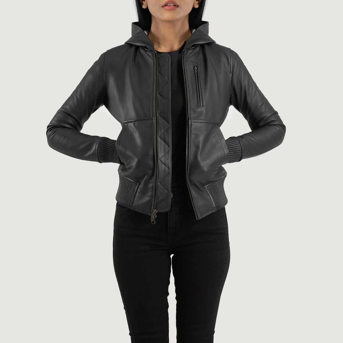 Wybion Black Leather Hooded Bomber Jacket