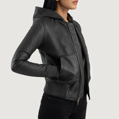 Wybion Black Leather Hooded Bomber Jacket