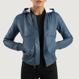 Wybion Blue Leather Hooded Bomber Jacket