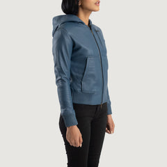 Wybion Blue Leather Hooded Bomber Jacket