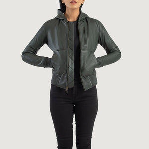 Wybion Green Leather Hooded Bomber Jacket