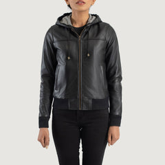 Sutix Black Leather Hooded Bomber Jacket