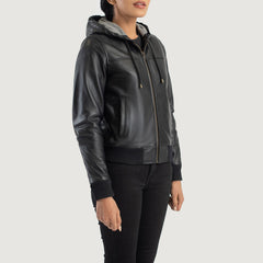 Sutix Black Leather Hooded Bomber Jacket