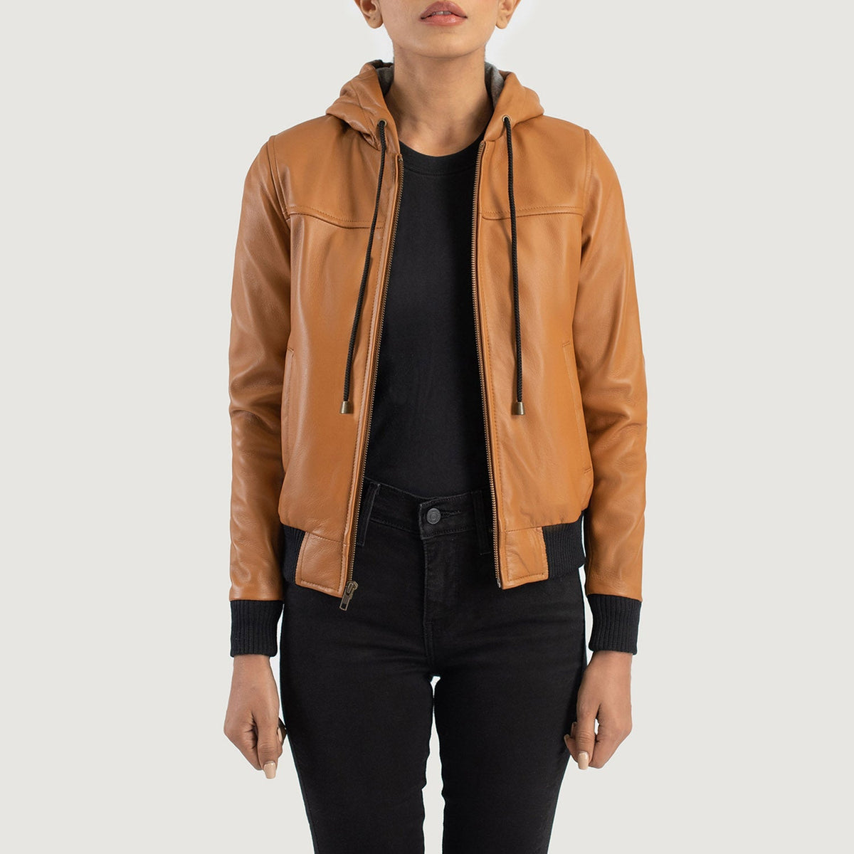Sutix Brown Leather Hooded Bomber Jacket