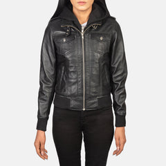 Xatus Black Leather Hooded Bomber Jacket