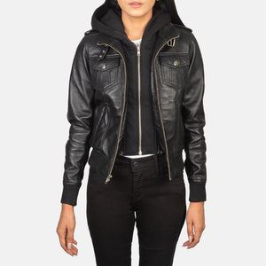 Xatus Black Leather Hooded Bomber Jacket
