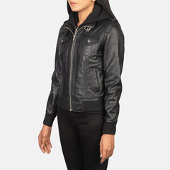 Xatus Black Leather Hooded Bomber Jacket