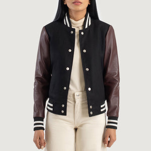 Orsos Black Maroon Leather Varsity Jacket