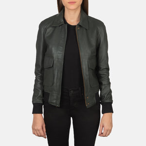 Vition Green Leather Bomber Jacket
