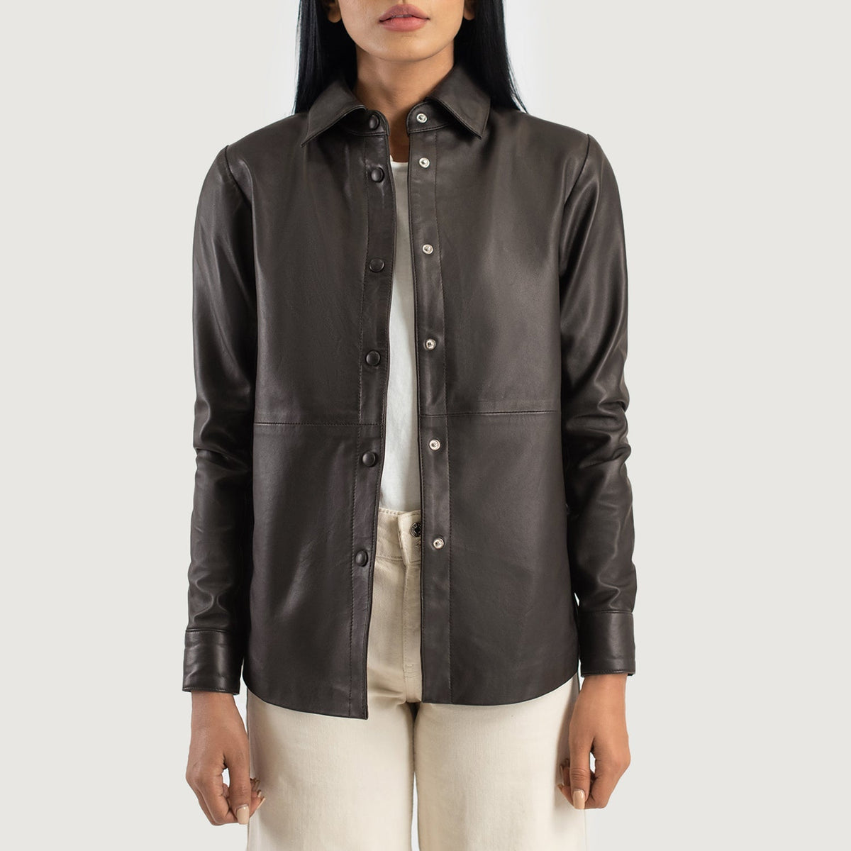 Minos Brown Leather Shirt Jacket