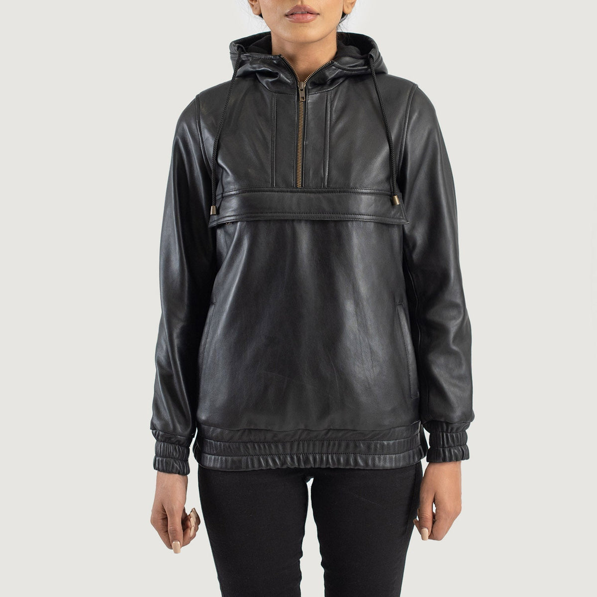 Ribet Black Leather Hooded Pullover Jacket
