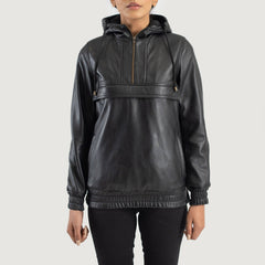 Ribet Black Leather Hooded Pullover Jacket