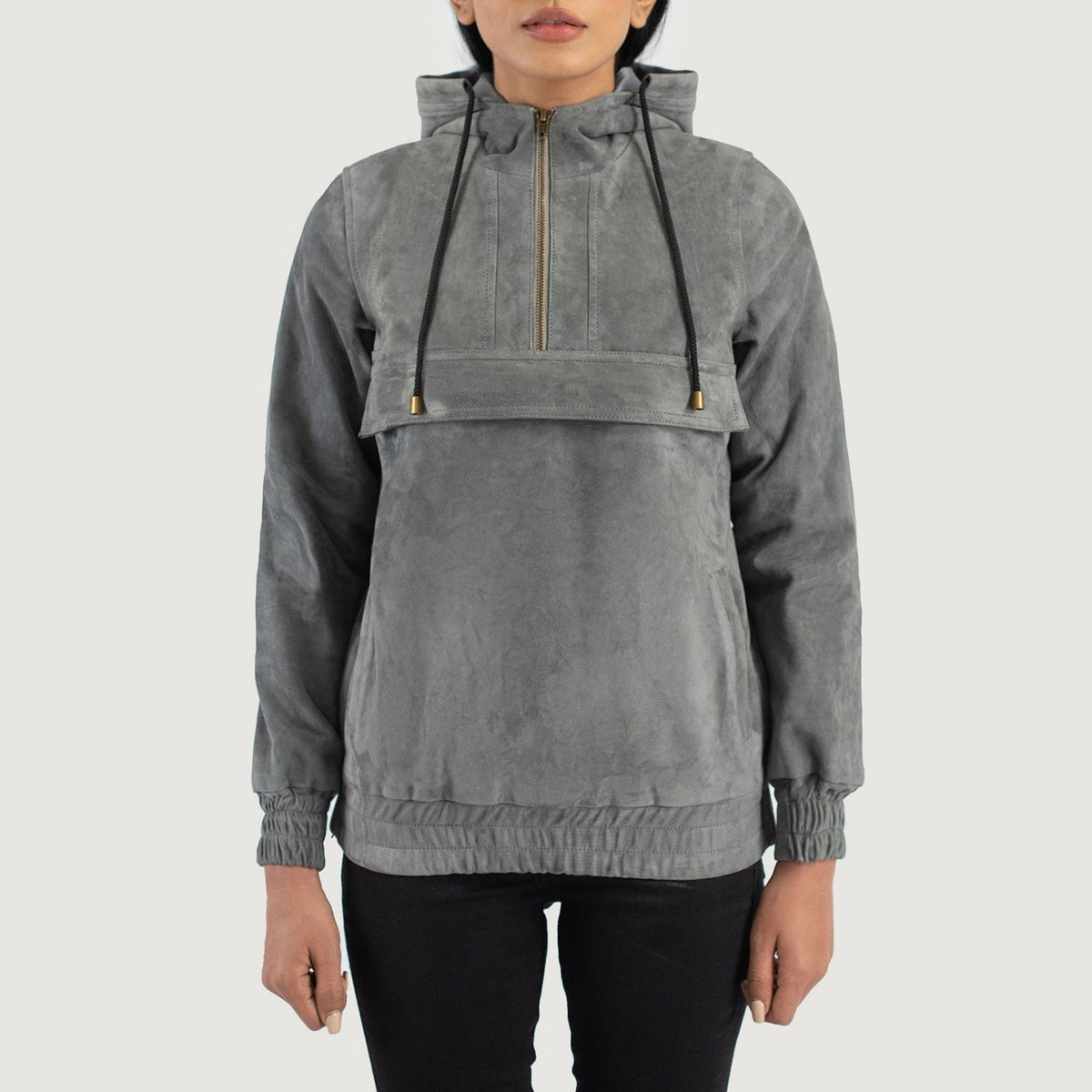 Ribet Grey Suede Hooded Pullover Jacket