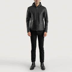 Jogel Black Leather Hooded Jacket